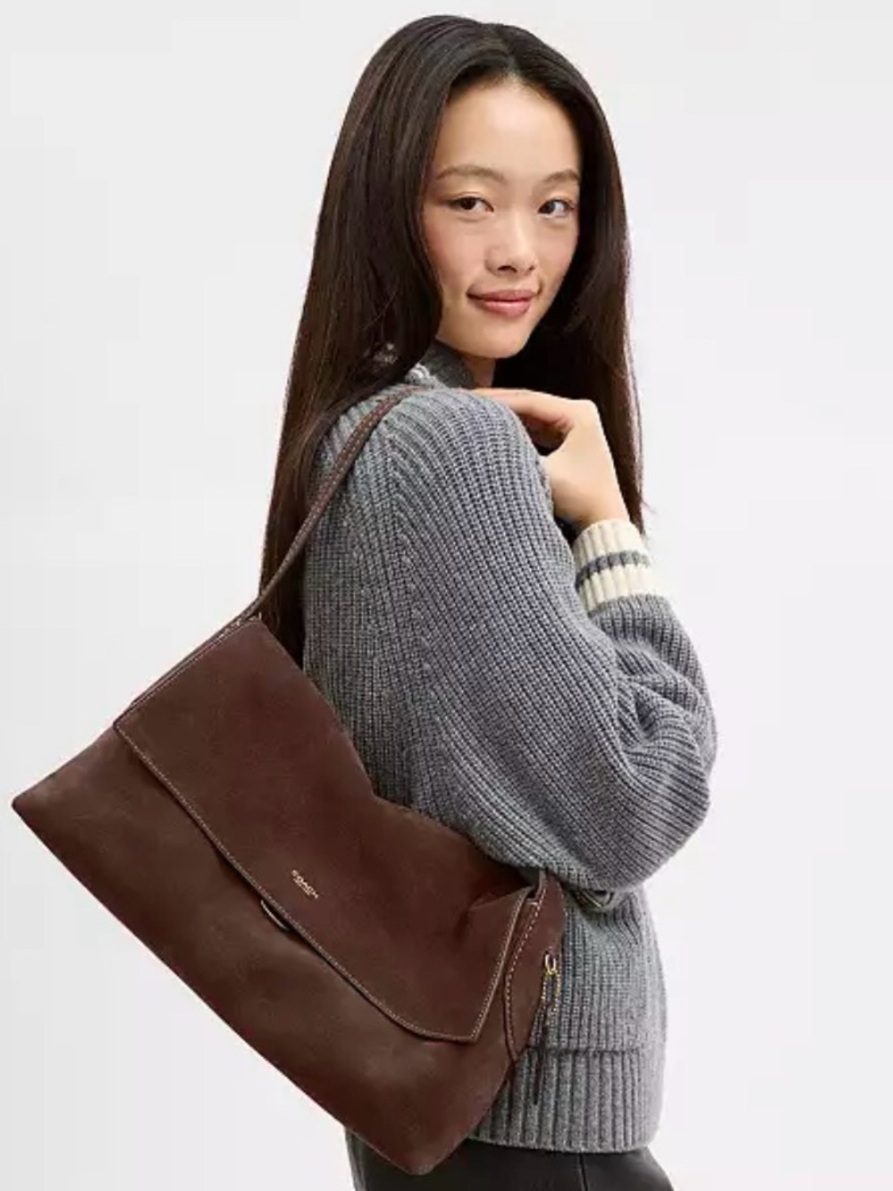 Coach Dark Brown Leather Shoulder Bag with Fold-Over Flap